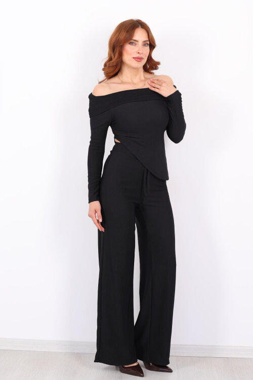 Madonna Yaka Fitilli Asimetrik Siyah Kadın Takım - Berox