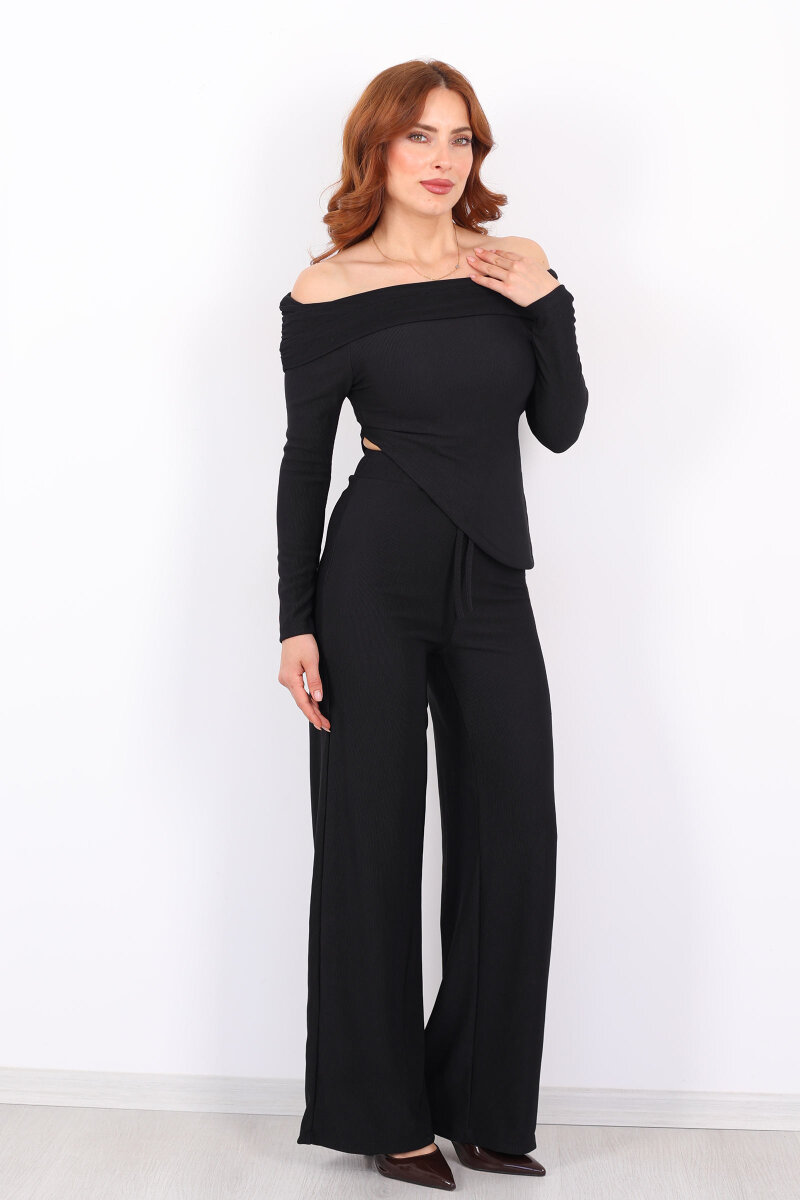 Madonna Yaka Fitilli Asimetrik Siyah Kadın Takım - 1