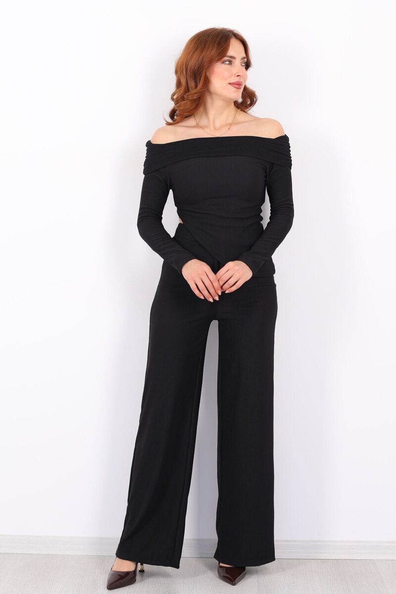 Madonna Yaka Fitilli Asimetrik Siyah Kadın Takım - 4