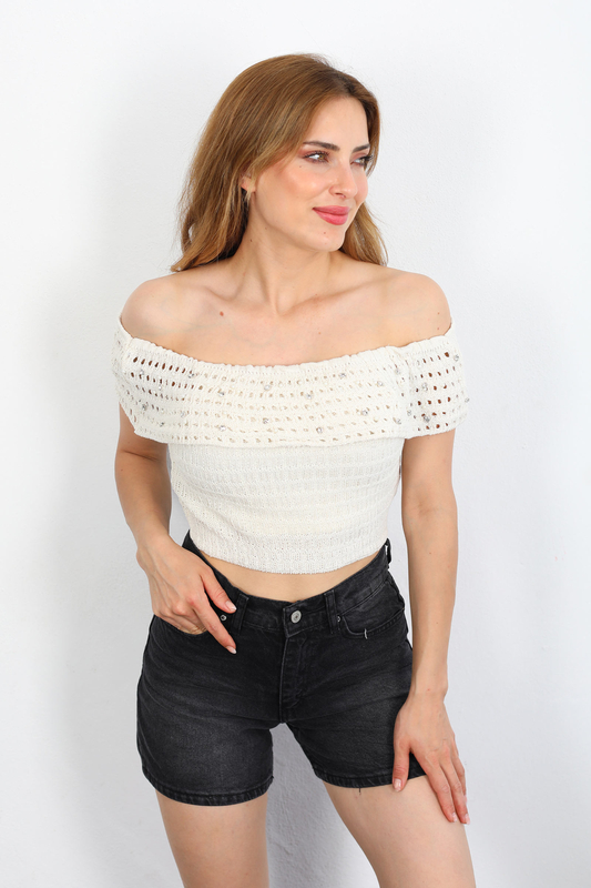 Madonna Yaka İnci Taşlı Taş Rengi Triko Crop - 2