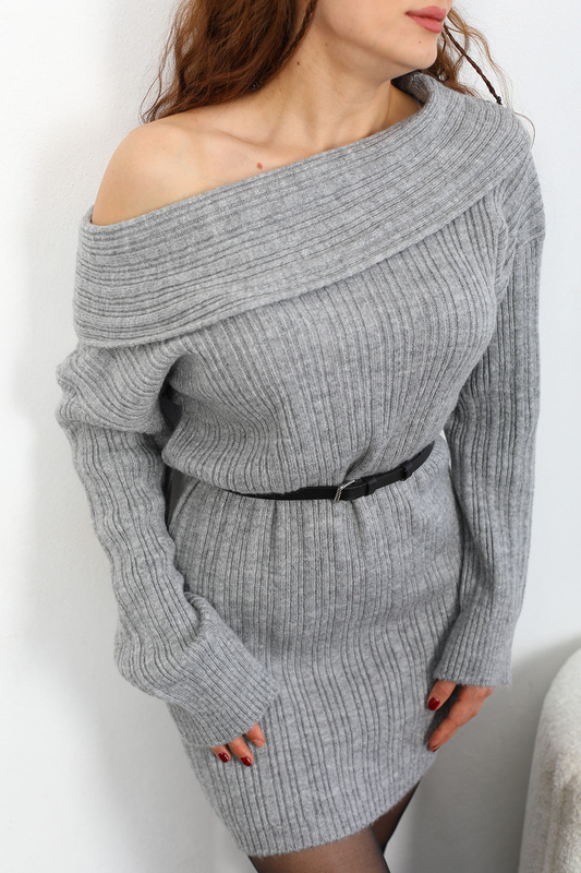 Madonna Yaka Kadın Gri Triko Elbise - 3