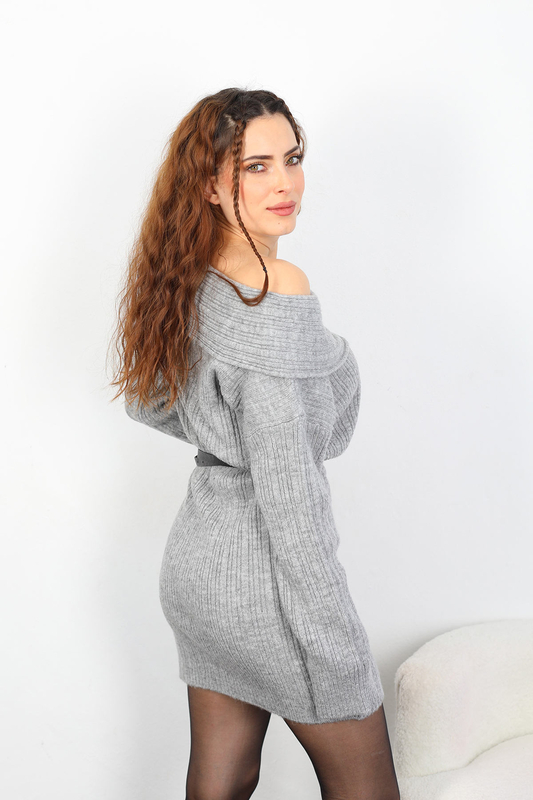 Madonna Yaka Kadın Gri Triko Elbise - 5