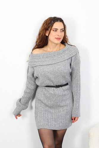 Madonna Yaka Kadın Gri Triko Elbise - Berox
