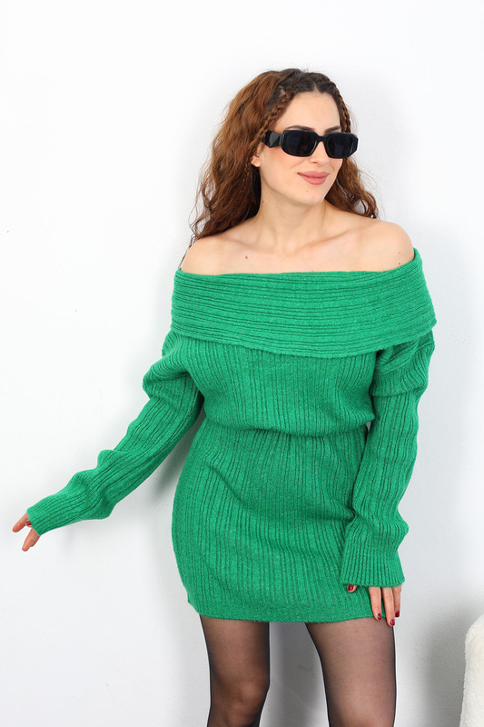 Madonna Yaka Kadın Yeşil Triko Elbise - 4