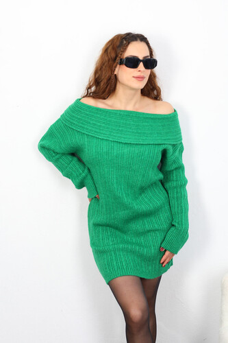 Madonna Yaka Kadın Yeşil Triko Elbise - 3