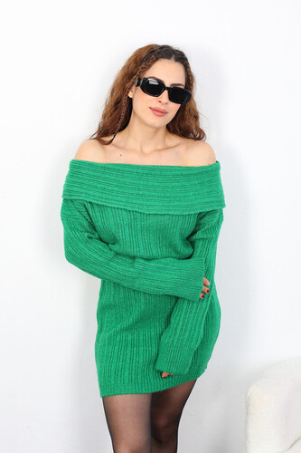 Madonna Yaka Kadın Yeşil Triko Elbise - Berox (1)