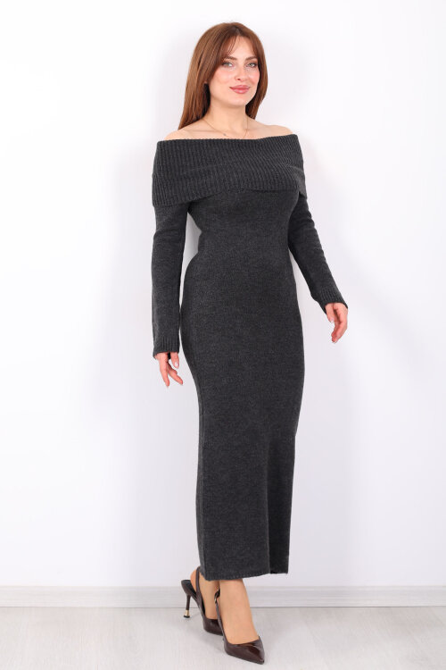Madonna Yaka Maxi Kadın Antrasit Triko Elbise - 7