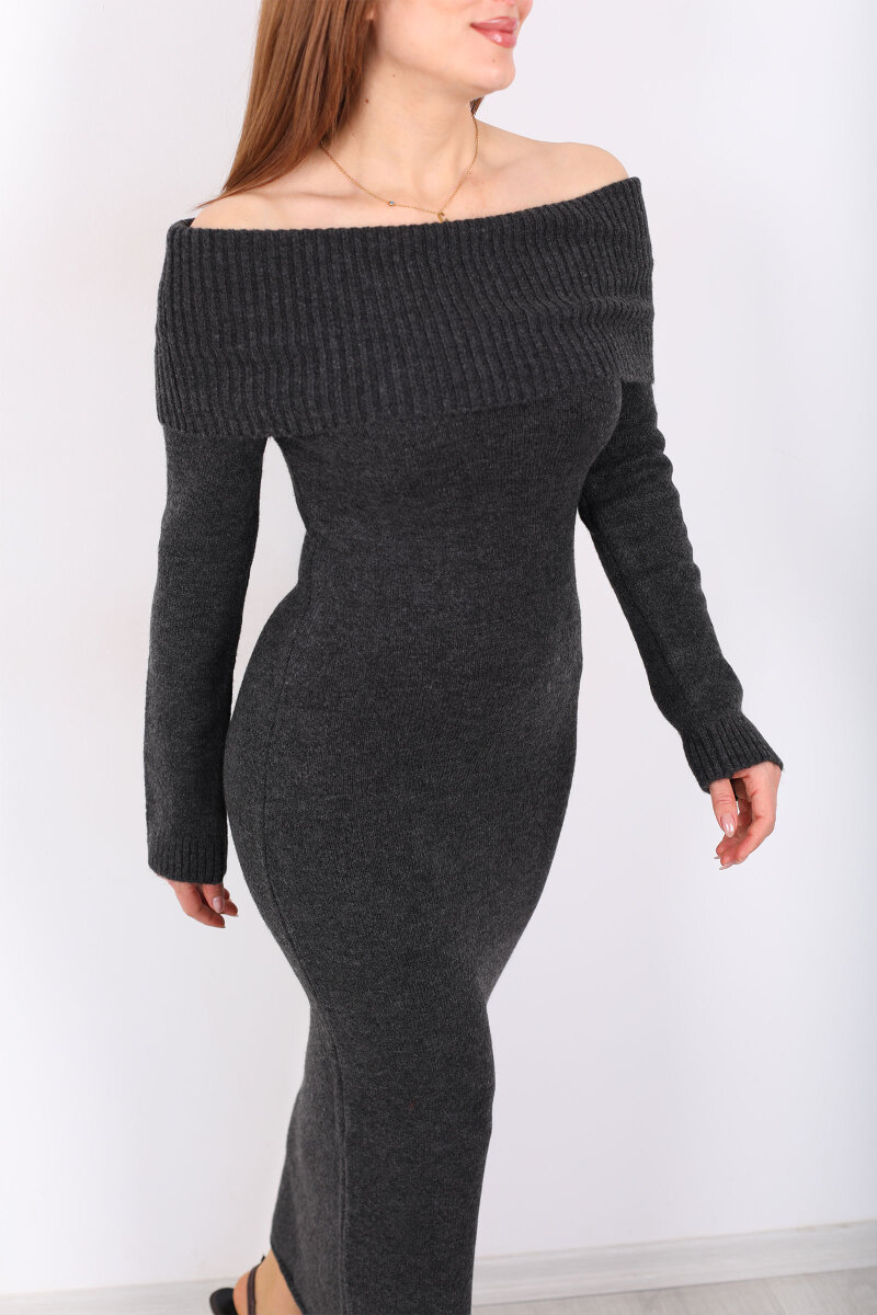 Madonna Yaka Maxi Kadın Antrasit Triko Elbise - 2