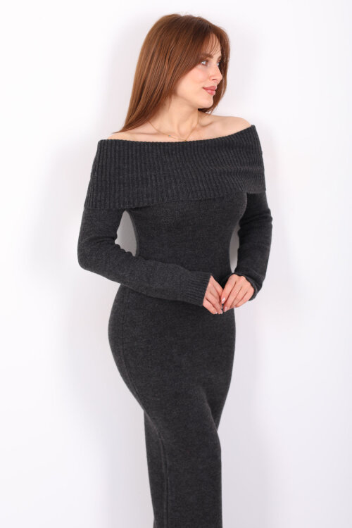 Madonna Yaka Maxi Kadın Antrasit Triko Elbise - 4