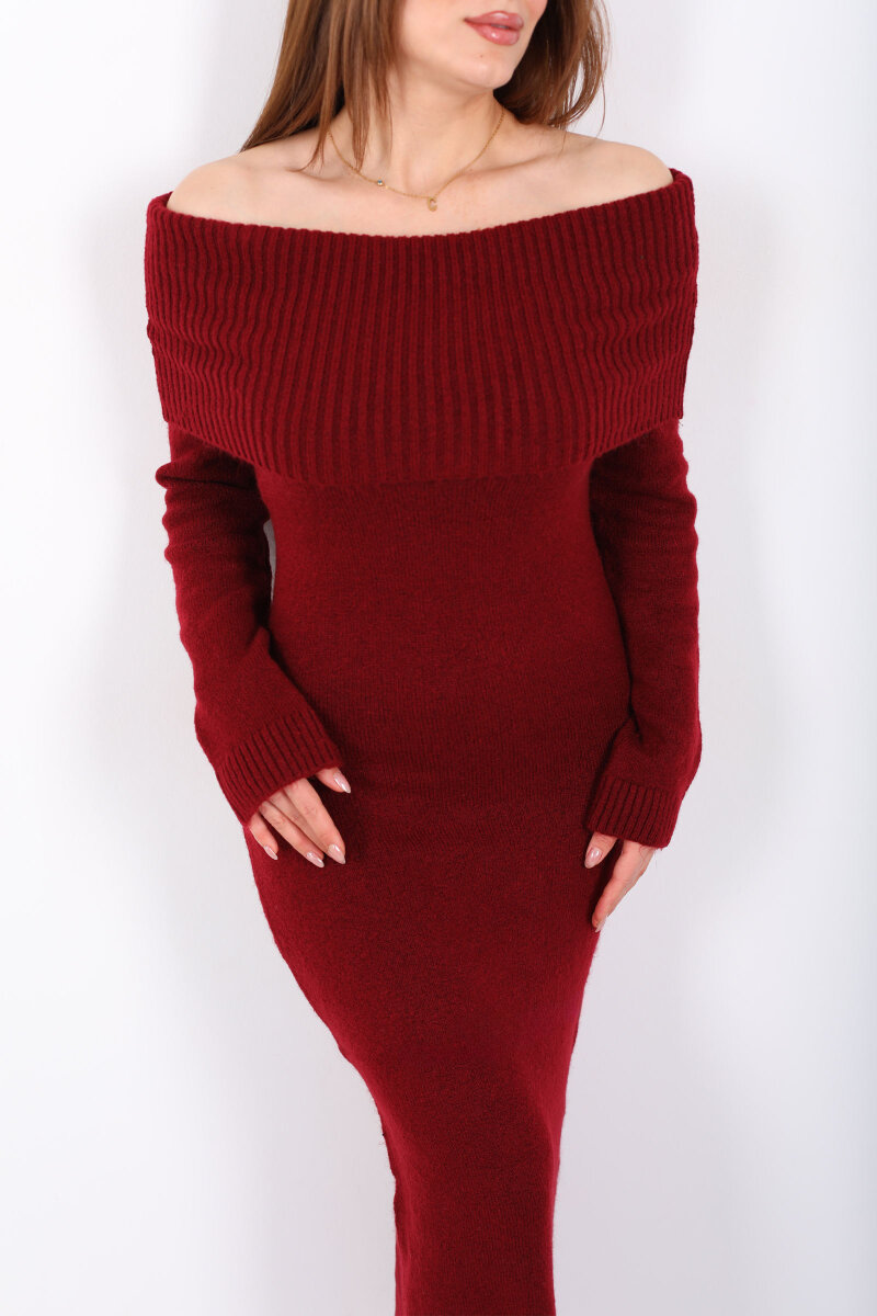 Madonna Yaka Maxi Kadın Bordo Triko Elbise - 2