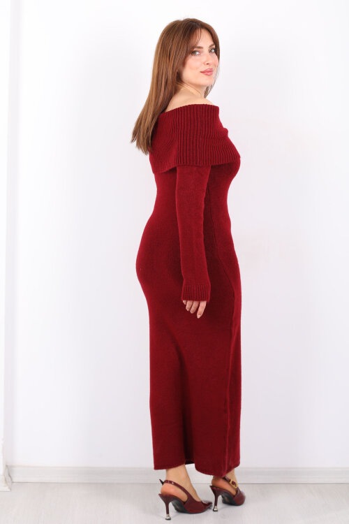 Madonna Yaka Maxi Kadın Bordo Triko Elbise - 6