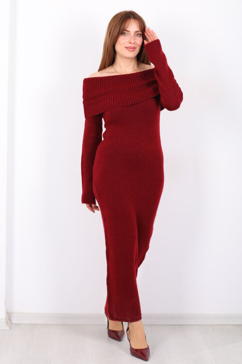 Madonna Yaka Maxi Kadın Bordo Triko Elbise - 3