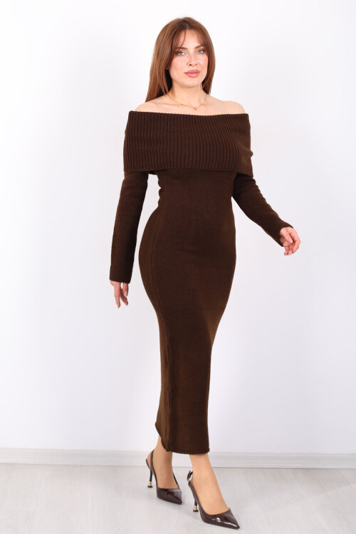 Madonna Yaka Maxi Kadın Kahverengi Triko Elbise - 4