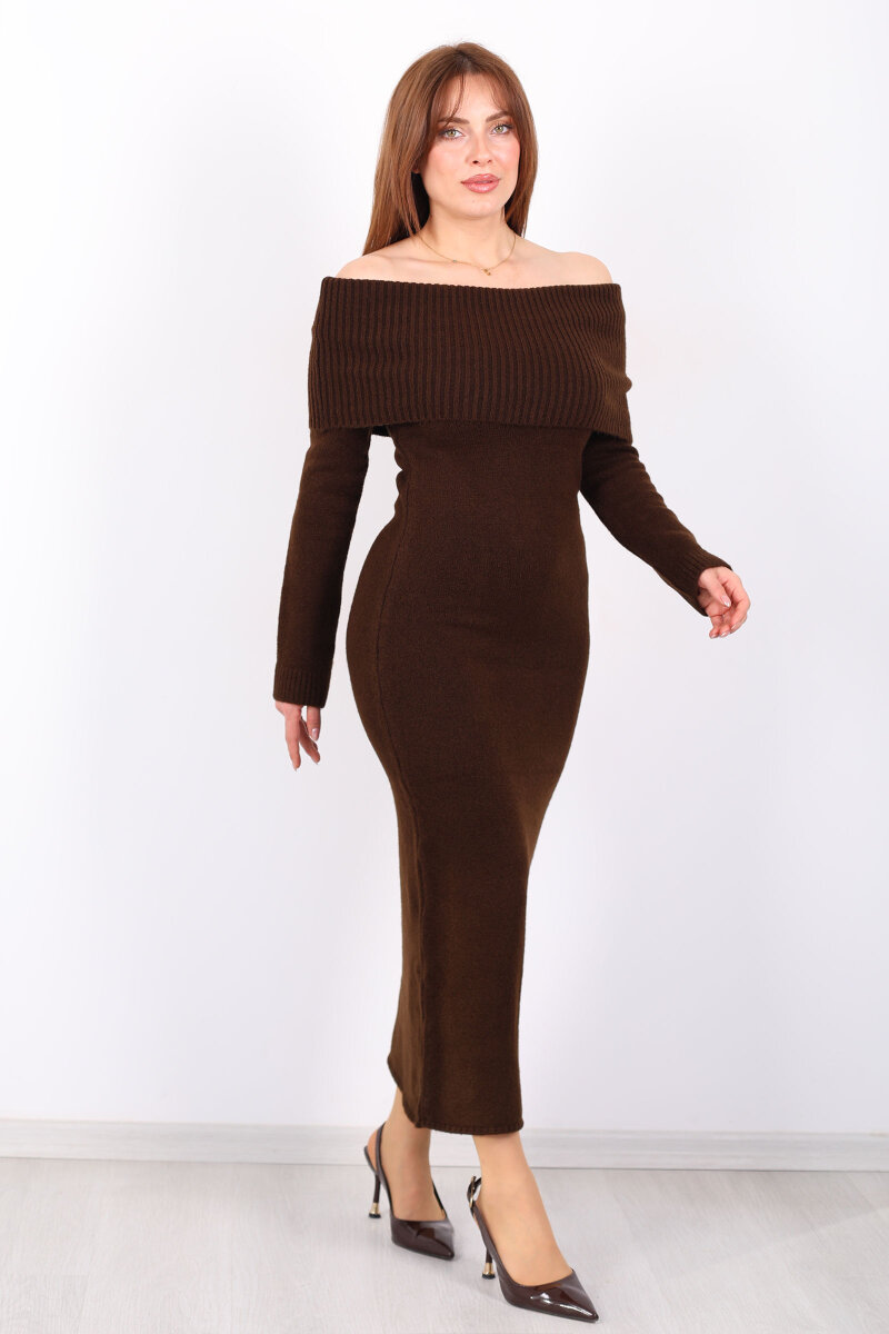 Madonna Yaka Maxi Kadın Kahverengi Triko Elbise - 4