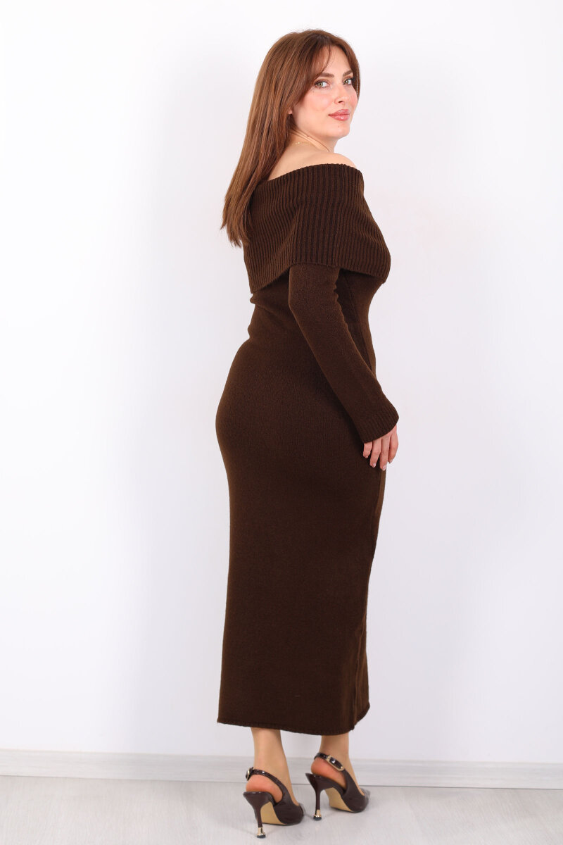 Madonna Yaka Maxi Kadın Kahverengi Triko Elbise - 6
