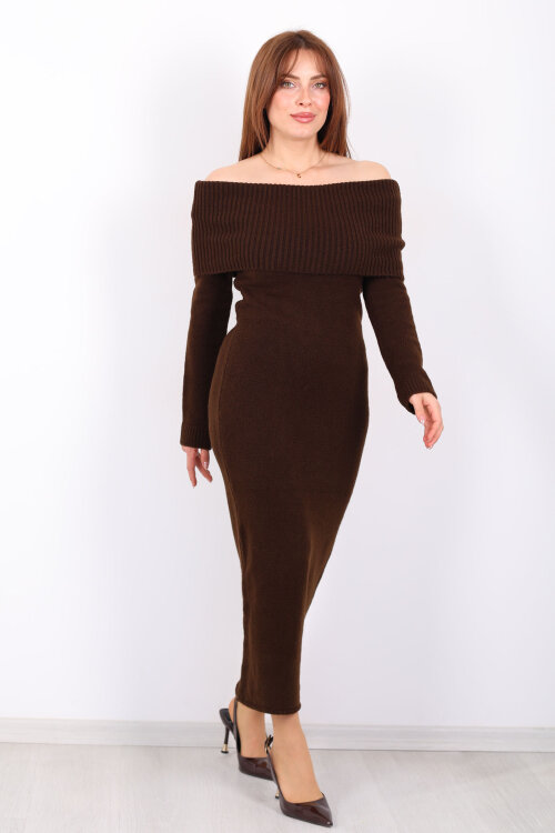 Madonna Yaka Maxi Kadın Kahverengi Triko Elbise - 7