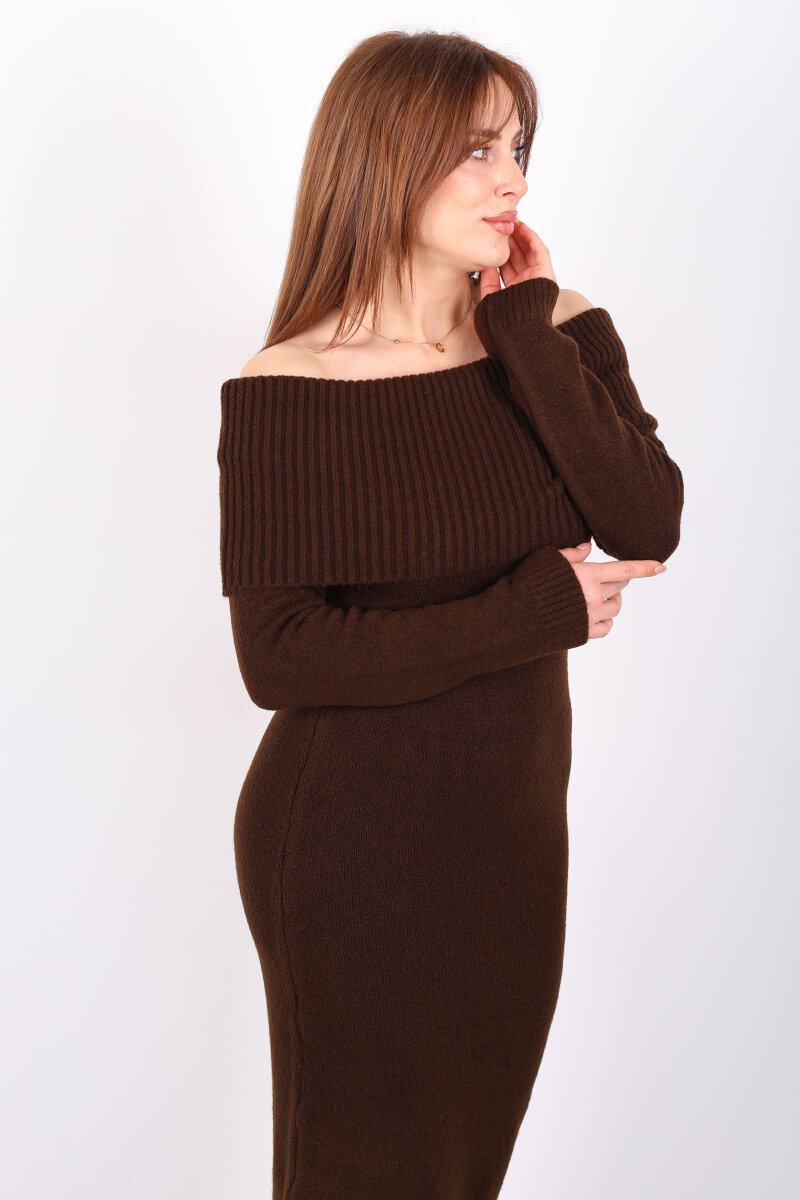 Madonna Yaka Maxi Kadın Kahverengi Triko Elbise - 3