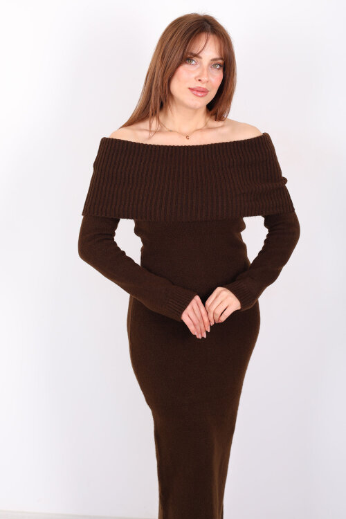 Madonna Yaka Maxi Kadın Kahverengi Triko Elbise - 5