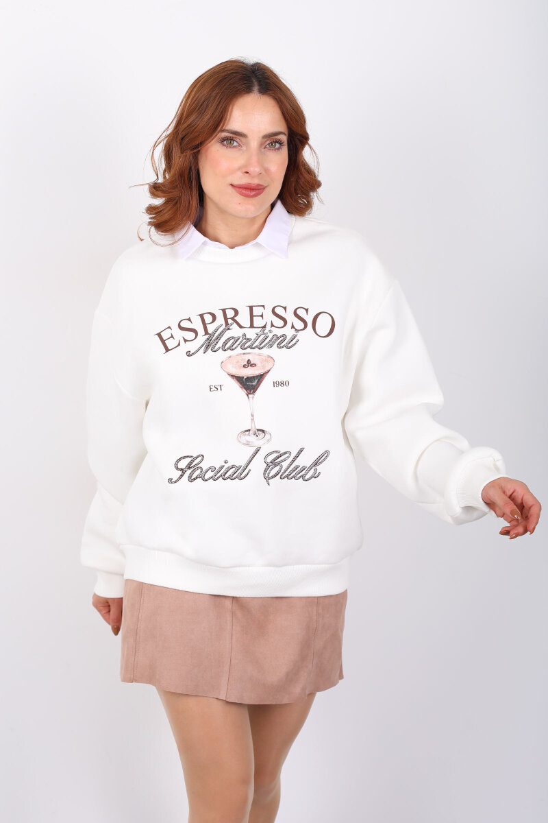 Martini Nakışlı Ekru Kadın Oversize Sweat - 3