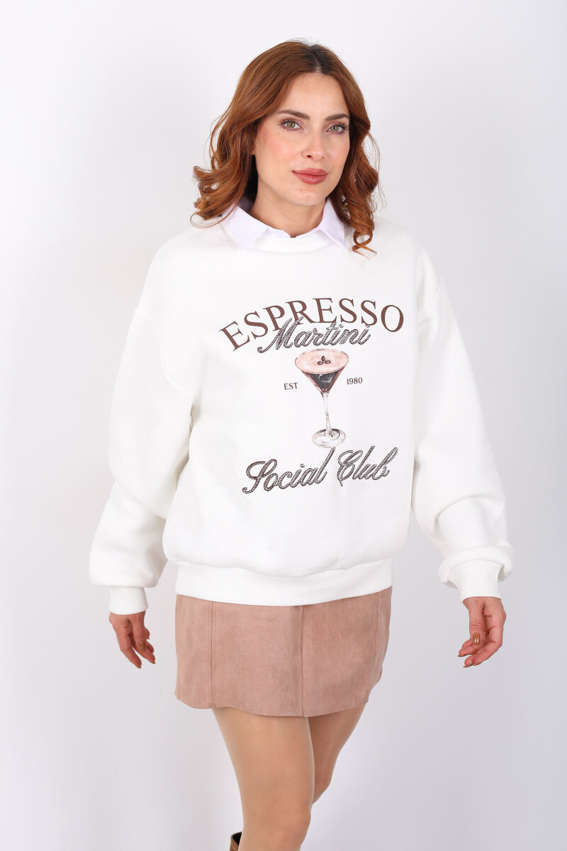 Martini Nakışlı Ekru Kadın Oversize Sweat - 6