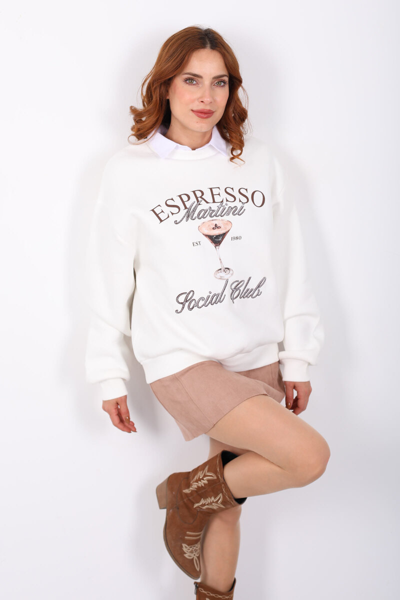 Martini Nakışlı Ekru Kadın Oversize Sweat - 1