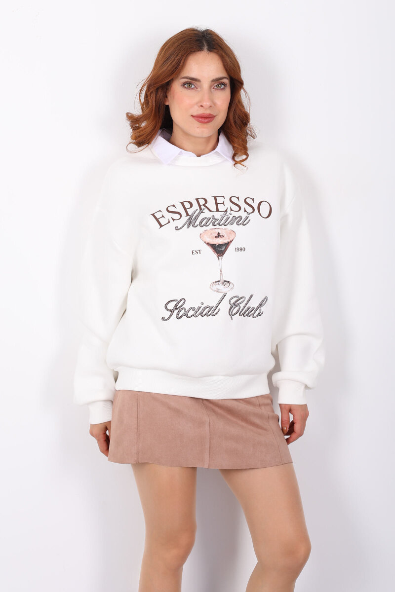 Martini Nakışlı Ekru Kadın Oversize Sweat - 4