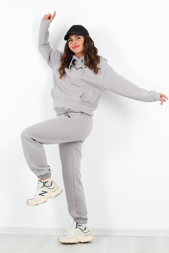 Matfornothing Baskılı Kapüşon Gri Kadın Üç İplik Sweat Takım - Berox