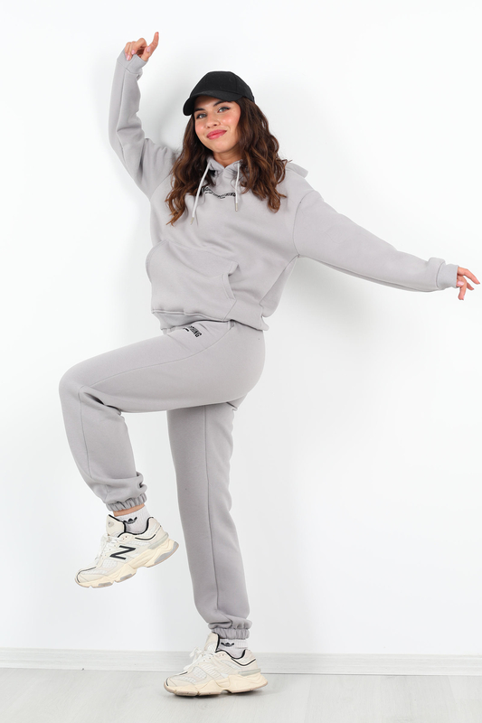 Matfornothing Baskılı Kapüşon Gri Kadın Üç İplik Sweat Takım - 1