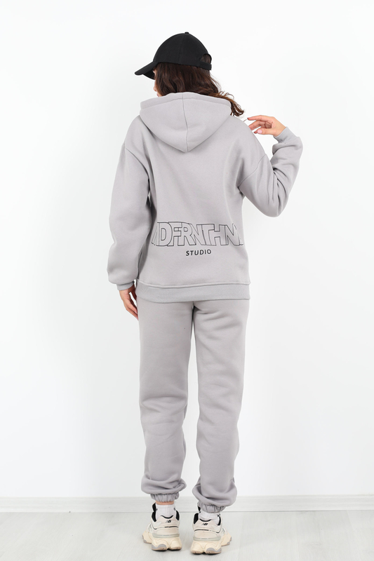 Matfornothing Baskılı Kapüşon Gri Kadın Üç İplik Sweat Takım - 4