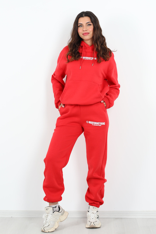 Matfornothing Baskılı Kapüşon Kırmızı Kadın Üç İplik Sweat Takım - 1
