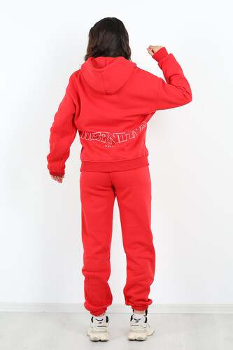 Matfornothing Baskılı Kapüşon Kırmızı Kadın Üç İplik Sweat Takım - 4