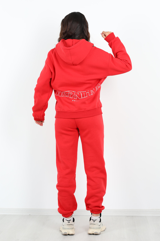 Matfornothing Baskılı Kapüşon Kırmızı Kadın Üç İplik Sweat Takım - 4