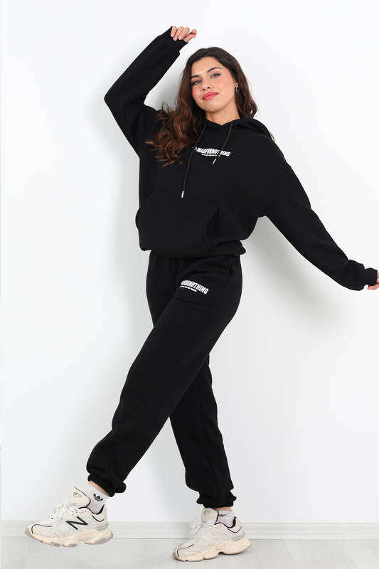 Matfornothing Baskılı Kapüşon Siyah Kadın Üç İplik Sweat Takım - 1