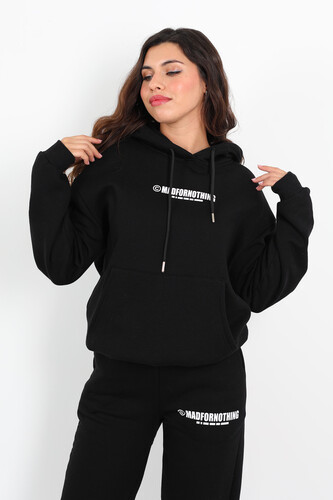 Matfornothing Baskılı Kapüşon Siyah Kadın Üç İplik Sweat Takım - Berox (1)