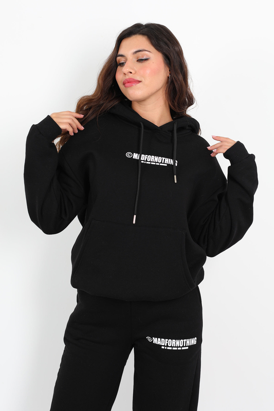 Matfornothing Baskılı Kapüşon Siyah Kadın Üç İplik Sweat Takım - 2