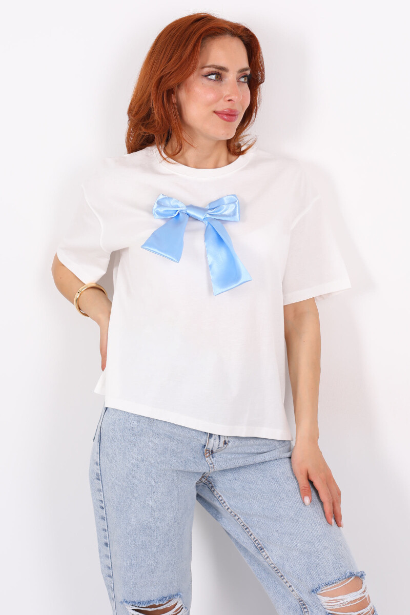 Mavi Kurdeleli Bisiklet Yaka Oversize Kadın T-Shirt - 4