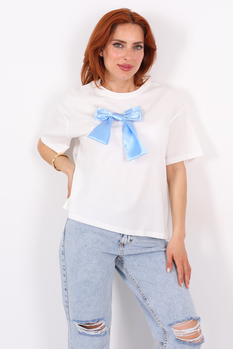 Mavi Kurdeleli Bisiklet Yaka Oversize Kadın T-Shirt - 1
