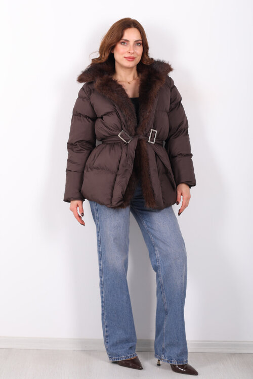 Mikro Acı Kahve Kadın Kürklü Mont - 7