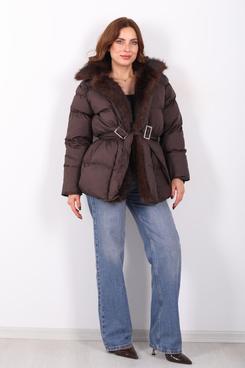 Mikro Acı Kahve Kadın Kürklü Mont - 7