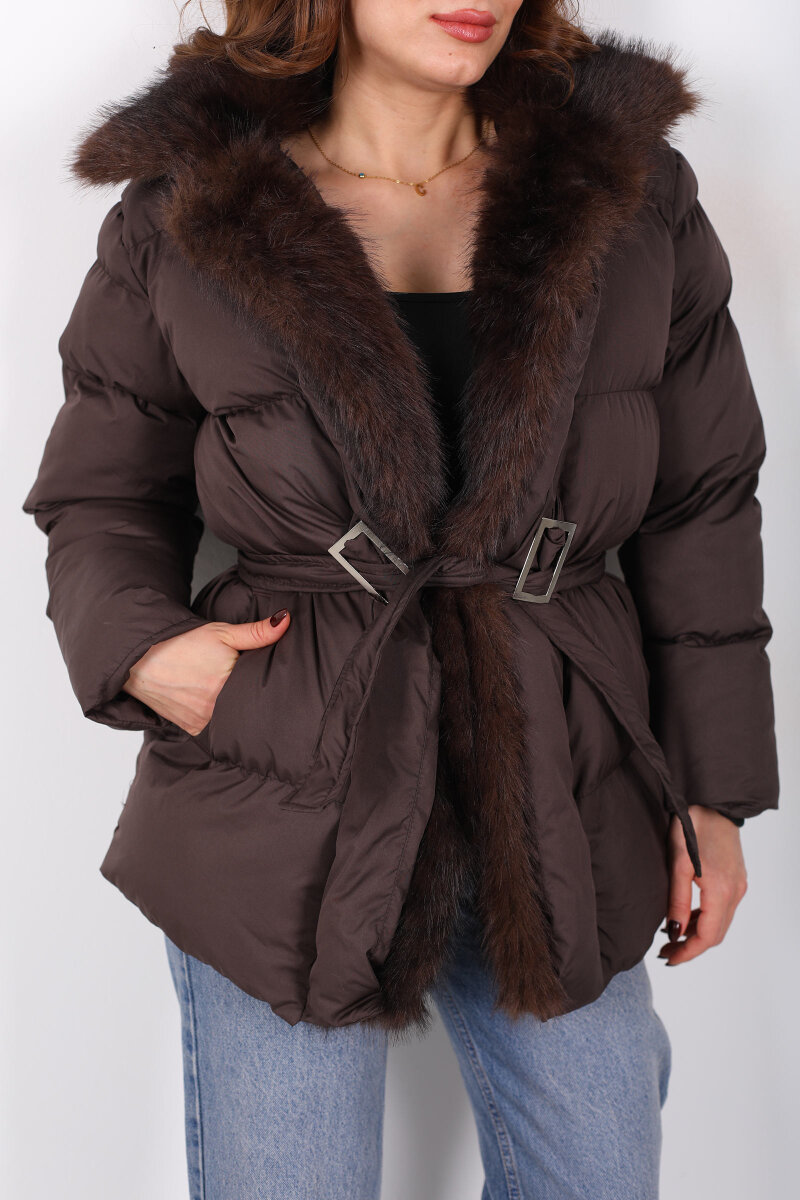 Mikro Acı Kahve Kadın Kürklü Mont - 2