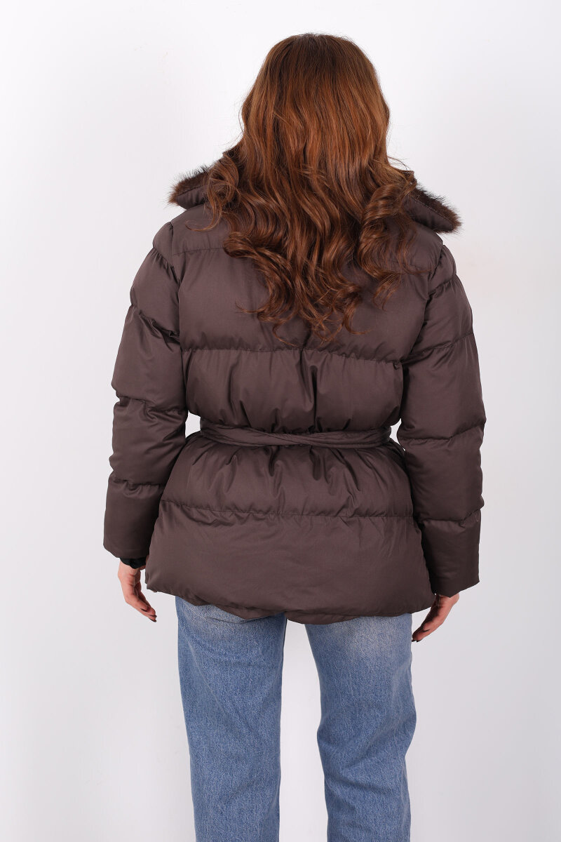 Mikro Acı Kahve Kadın Kürklü Mont - 6