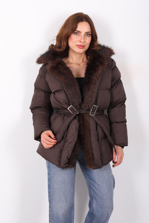 Mikro Acı Kahve Kadın Kürklü Mont - 4