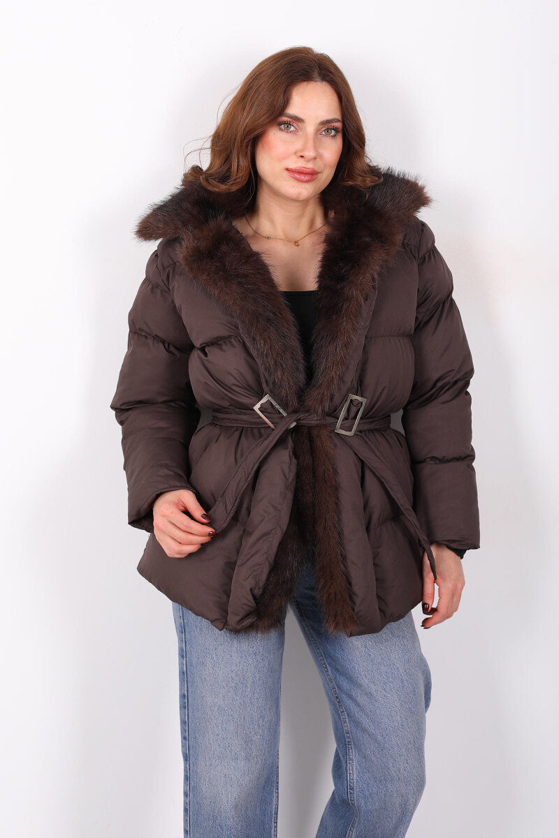 Mikro Acı Kahve Kadın Kürklü Mont - 4