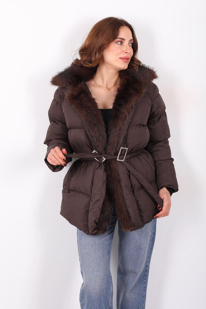 Mikro Acı Kahve Kadın Kürklü Mont - 1