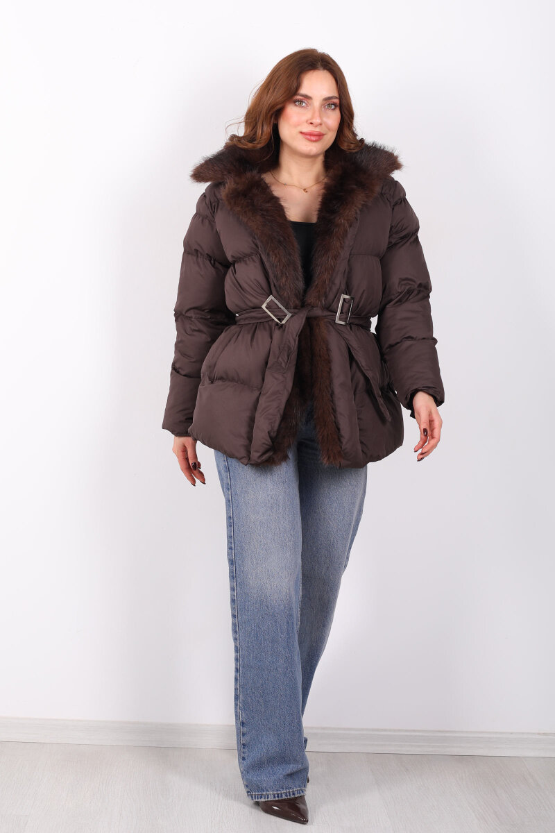 Mikro Acı Kahve Kadın Kürklü Mont - 3