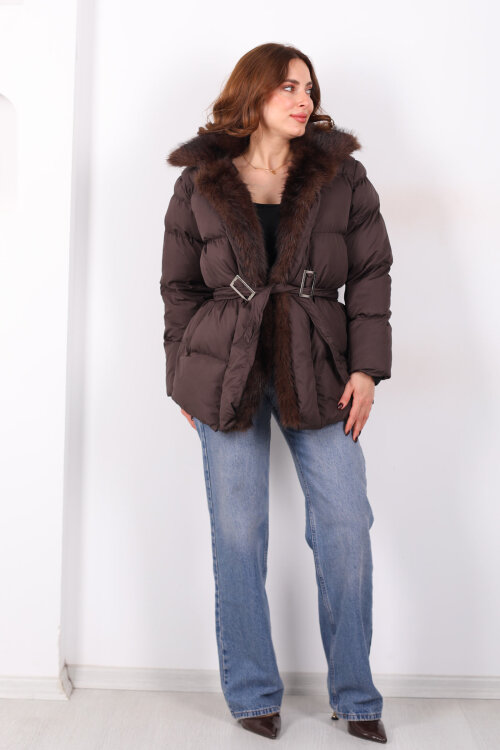 Mikro Acı Kahve Kadın Kürklü Mont - 5
