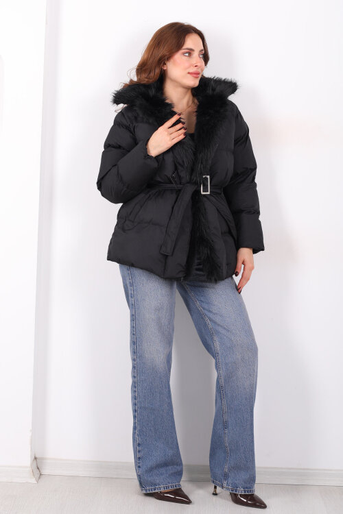 Mikro Siyah Kadın Kürklü Mont - 5