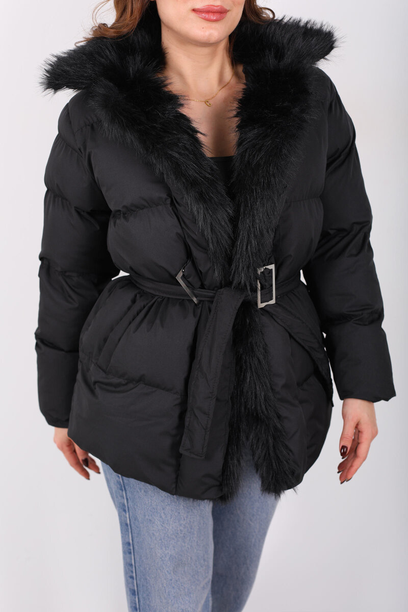 Mikro Siyah Kadın Kürklü Mont - 2