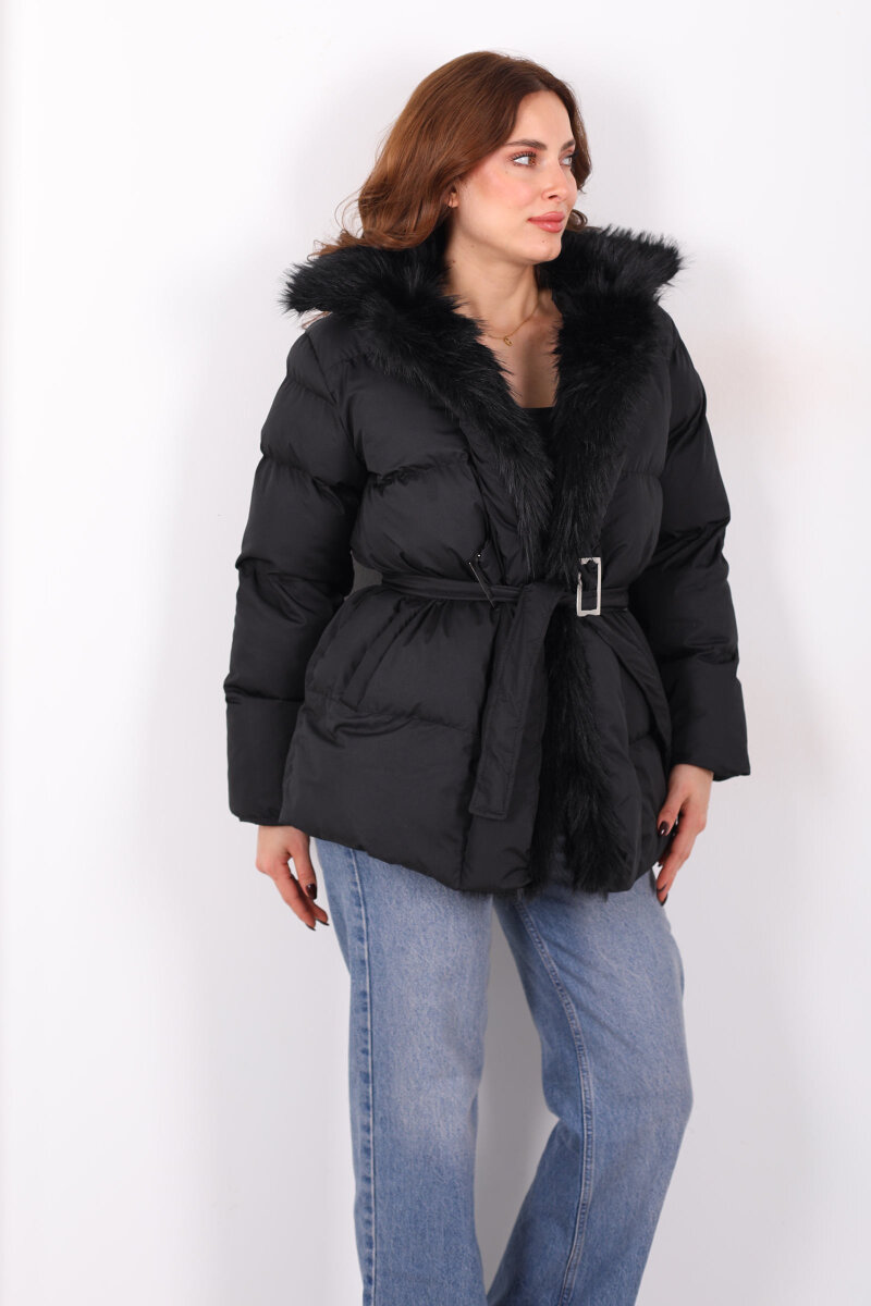 Mikro Siyah Kadın Kürklü Mont - 4