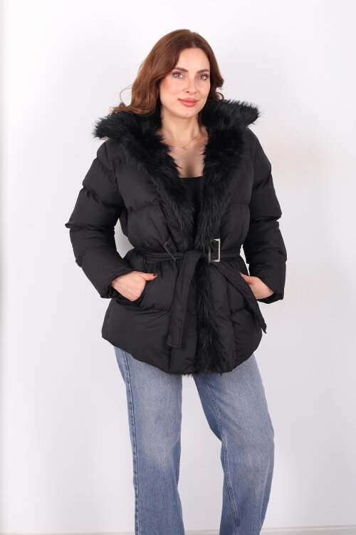 Mikro Siyah Kadın Kürklü Mont - Berox